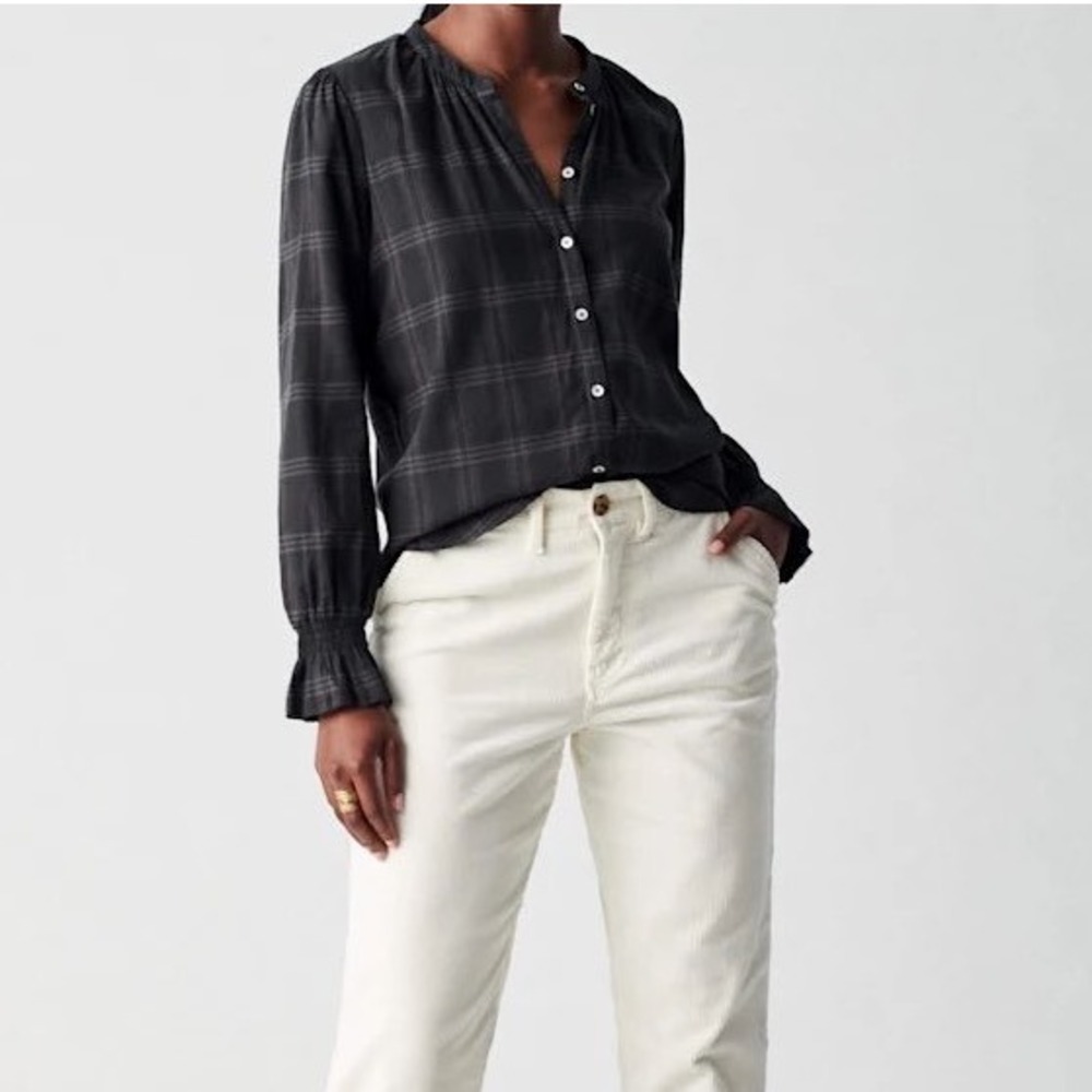 Faherty Harper Top Aspen Black Plaid Organic Cotton Button Front - Medium